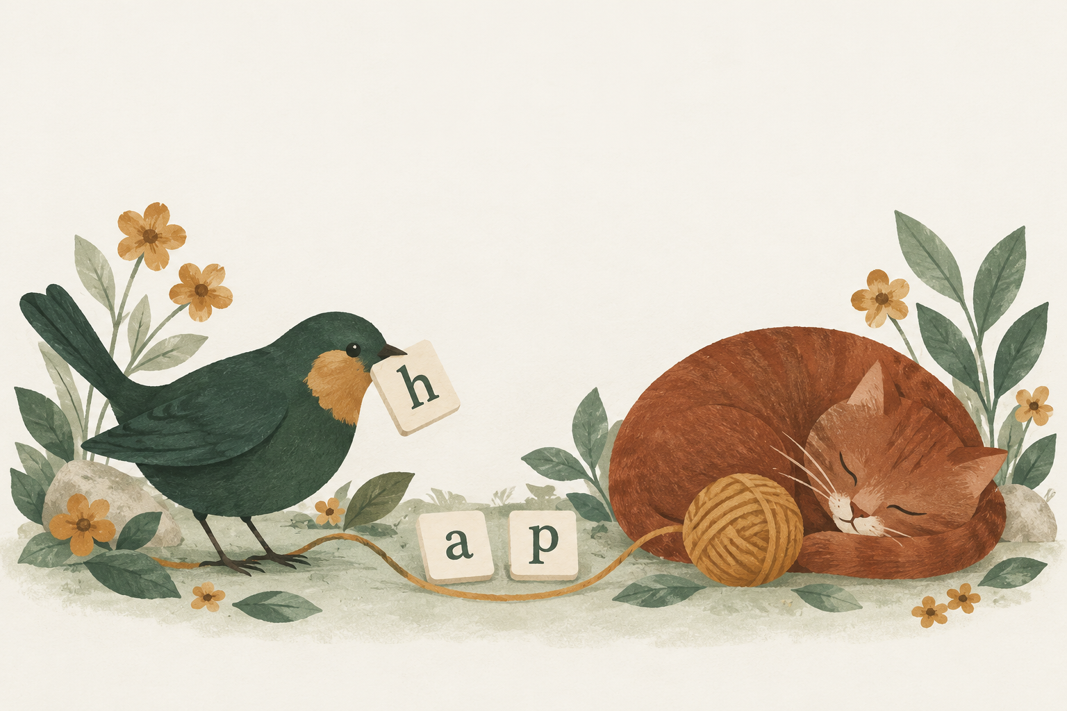 A garden bird holding an h letter tile beside a sleeping cat and golden yarn